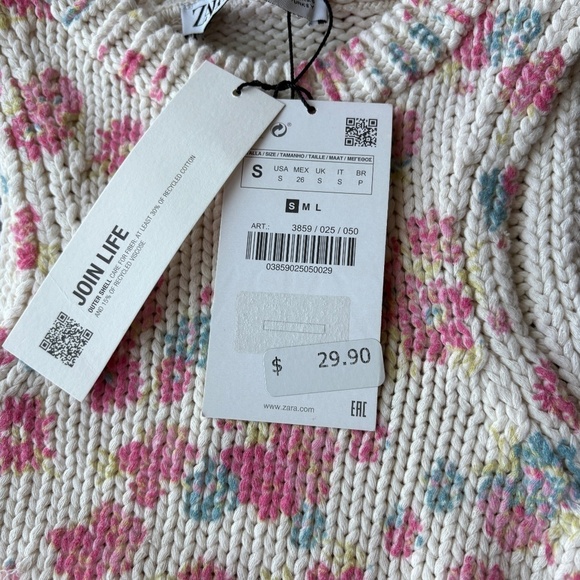 NEW Zara | Floral Print Knit Top White Pink Sweater Small - Picture 5 of 7